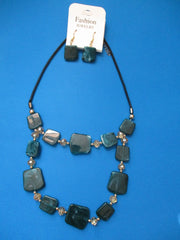 Black Chain Flat Green Square Beads Necklace Earrings Set (NE465)