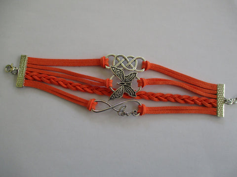 Orange Leather Silver Butterfly Love Pendants Bracelet (B626)