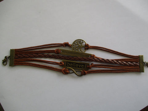 Brown Leatherette Cord Bronze Charms Bracelet (B629)