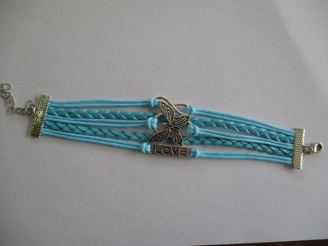 Light Blue Leatherette Cord Silver Butterfly Love Pendants Bracelet (B631)