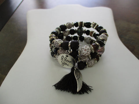 Black White Brown Silver Beads Memory Wire Bracelet with Black Tassel Silver I Love You Circle Silver wing Charms (B636)