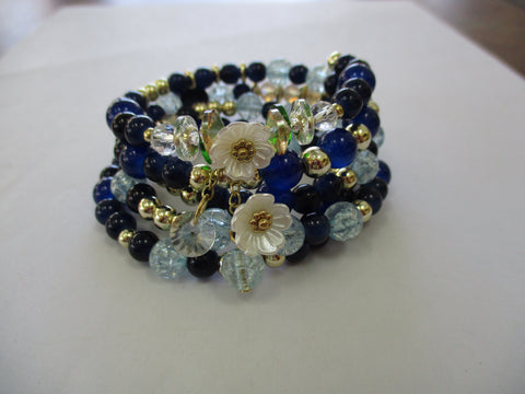 Dark Blue, Blue, Silver Beads Flower Charms Memory Wire Bracelet (B647)
