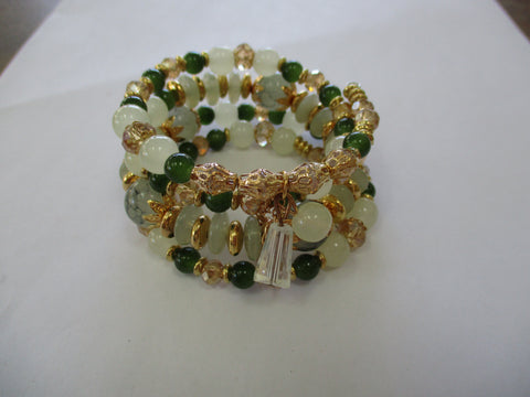 Green, Clear, Glass Beads Gold Beads, Dangle Charm Memory Wire Bracelet (B649)
