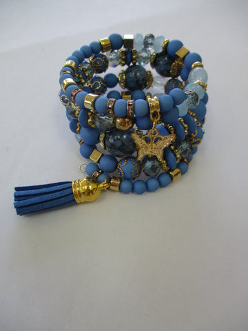 Multi Blue Color Beads, Gold Beads, Gold Butterfly, Blue Tassel Charms Memory Wire Bracelet (B653)