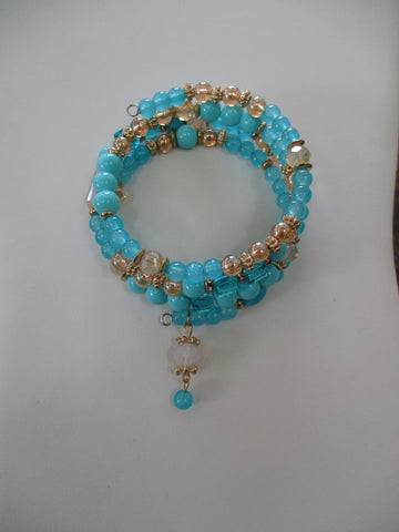 Blue, Brown Glass Beads Gold Beads Dangle Bead Charm Memory Wire Bracelet (B664)