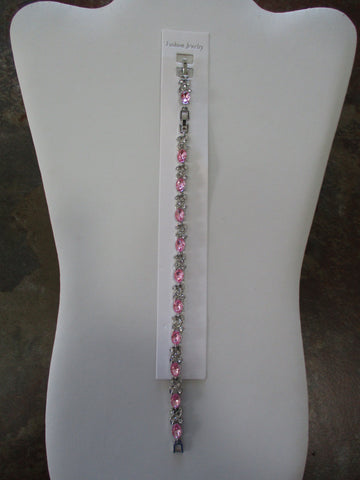 Silver Pink Gems Faux Diamonds Tennis Bracelet (B688)