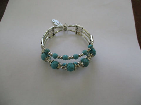 Turquoise Beads, Silver Beads, Silver Tubes, 3 Rows, Memory Wire Bracelet (B697)