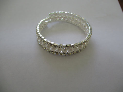 Silver Rhinestones, Pearls, Memory Wire Bracelet (B698)