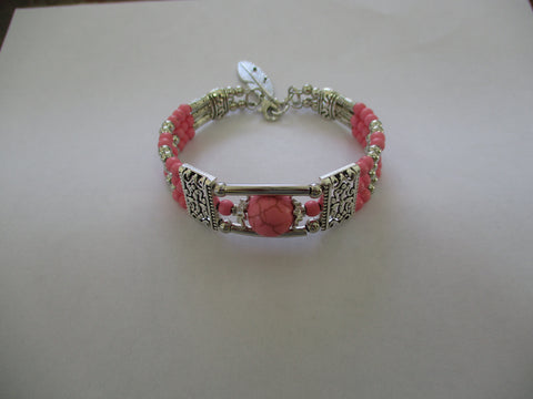 Pink Beads, Silver Beads, Silver Tubes, Memory Wire Bracelet (B707)