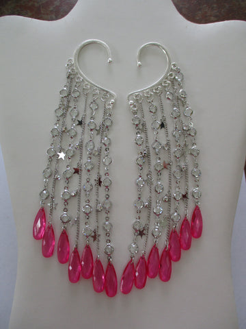 Silver Clear Bead Chain, Silver Stars Faux Diamond Chain Pink Tear Drop Beads, Ear Cuffs (EC101)