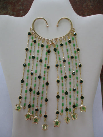 Gold Green Square Chain, Green Gold Bead Chain, Gold Green 3-D Star Charms Ear Cuffs (103)