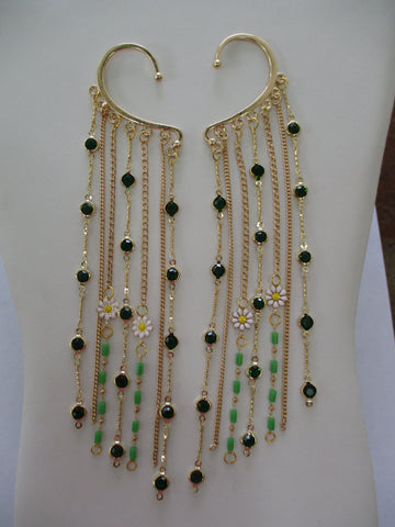 Gold Green Bead Chain Gold Chain Daisy Flowers Charms, Green Gold Square Chain Ear Cuffs (EC105)