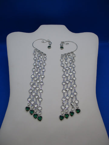 Silver Clear Charms Chain, Silver Green Heart Charms Pair Ear Cuffs (EC115)
