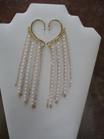 Gold Heart Chain, White Pearl Chain Pair Ear Cuffs (EC119)