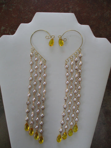 Gold Pearl Chain, Glass Yellow Tear Drops Pair Ear Cuffs (EC123)