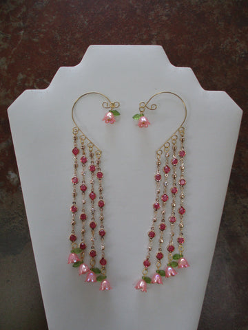 Gold Pink Faux Diamond Chain, Pink Acrylic Flower Charms Pair Ear Cuffs (EC124)