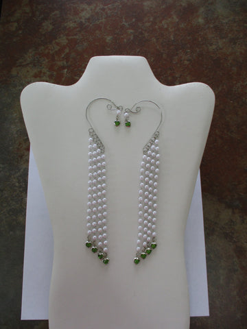 Silver White Pearl Chain, Silver Green Heart Charms Ear Cuffs (EC138)