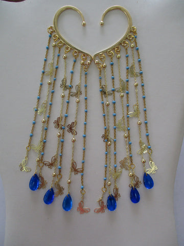 Gold Blue Chain, Gold Butterfly Chain, Blue Glass Tear Drops Ear Cuffs (EC140)