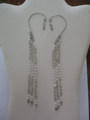 Silver Stars, Pearls Chain Ear Cuffs (EC143)
