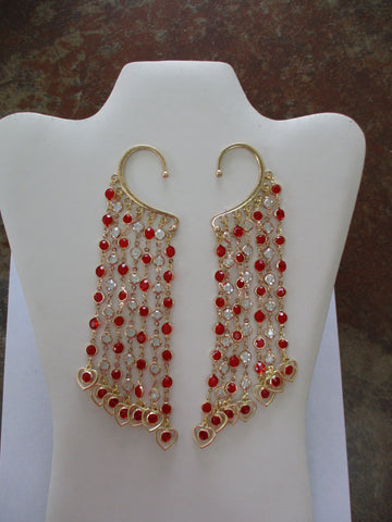 Gold Red Bead Chain, Gold Clear Bead Chain, Gold Red Heart Charms Ear Cuffs (EC144)