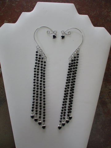 Silver Black Bead Chain, Silver Black Heart Charms Pair Ear Cuffs (EC148)