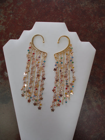 Gold Butterflys Multi Color Faux Diamond Chain Pair Ear Cuffs (EC150)