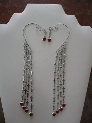 Silver Cross Chain, Silver Red Heart Charms, Pair Ear Cuffs (EC154)