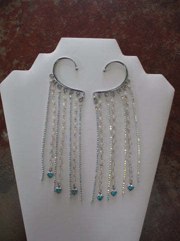 Silver Shimmering Rhinestone Chain, Clear Bead Silver Chain, Silver Blue Heart Charms Pair Ear Cuffs (EC156)