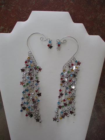 Silver Multi Colored Faux Diamonds Silver Butterfly Chain Pair Ear Cuffs (EC157)
