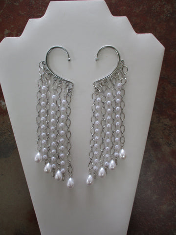 Silver Oval Chain, Silver Pearl Chain, Pearl Tear Drops Pair Ear Cuffs (EC158)