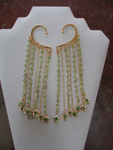 Gold Green Bead Heart Chain, Gold Heart Chain, 3-D Stars with Green Beads Pair Ear Cuffs (EC160)