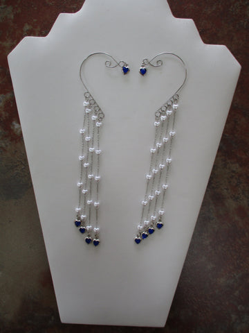 Silver Pearl Heart Chain, Silver Blue Heart Charms Pair Ear Cuffs (EC161)