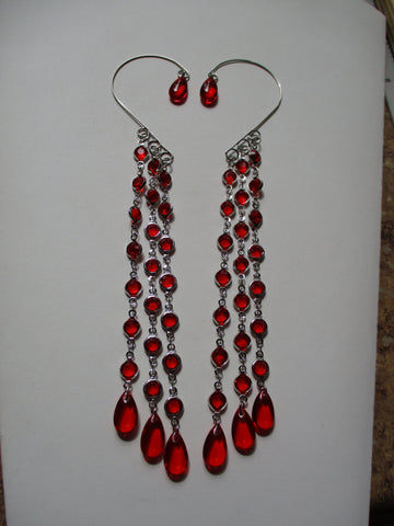 Silver Ear Cuffs Silver Red Bead Chain Red Glass Tear Drops (EC171)