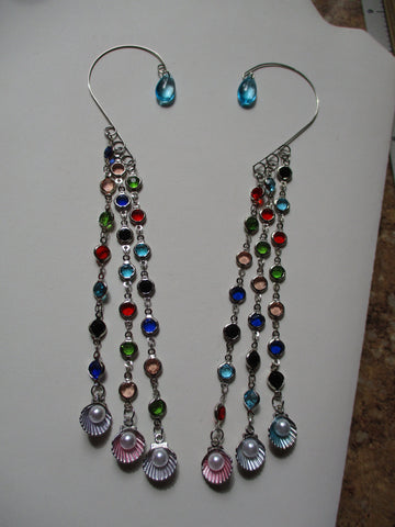 Silver Ear Cuffs Silver Multi Color Bead Chain Silver Shells w/Pearl (EC173)