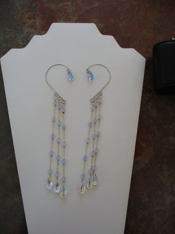 Silver Ear Cuffs Blue Glass Beads on Gold Chain Clear Glass Tear Drops (EC174)