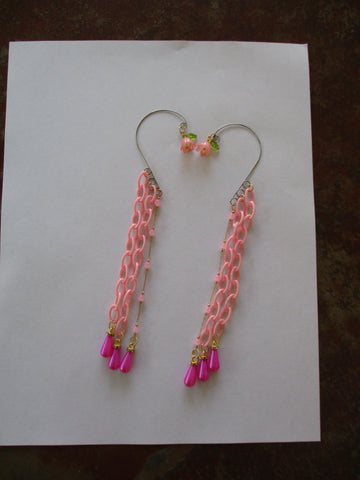 Pink Chain Gold Pink Beads Chain Pink Tear Drop Pearls Pink Flowers Ear Cuffs (EC179)