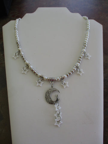 Glass Pearls White Acrylic Pearl Star Beads Silver Beads Silver Moon Cat Stars Pendant Necklace (N1486)