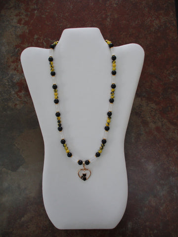 Black Yellow White Glass Beads Gold Black Cat Pendant Necklace (N1497)