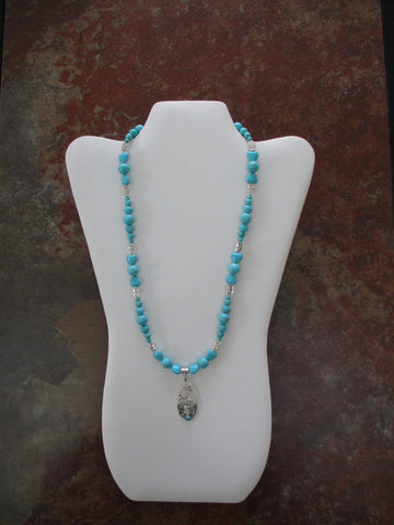 Turquoise Glass Beads Silver Flower Beads Tear Drop Pendant Necklace (N1501)