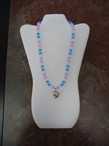 Blue Pink Purple Glass Beads Silver Spacer Beads Silver Unicorn Pendant Necklace (N1504)
