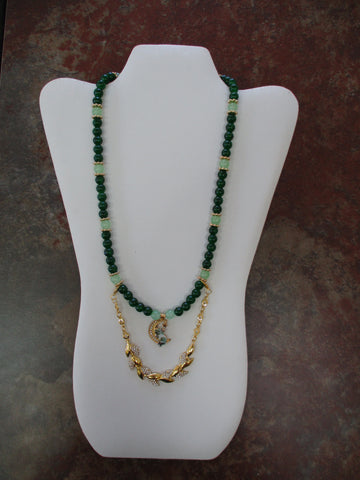 Green Glass Beads Gold Beads Gold Moon with Cat Pendant extra Golf Leaf Bling Necklace (N1509)