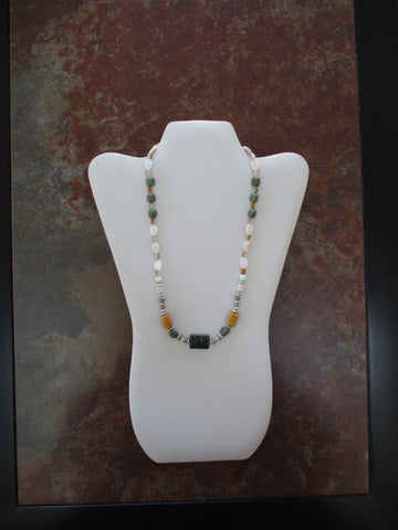 White Mother of Pearl Shell Beads, Multi Color Glass Beads, Rectangle Green Stone Pendant Necklace (N1526)