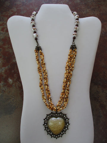 White Brown Flower Beads, Braided Seed Beads Bronze Flower Yellow Heart Pendant Necklace (N727)