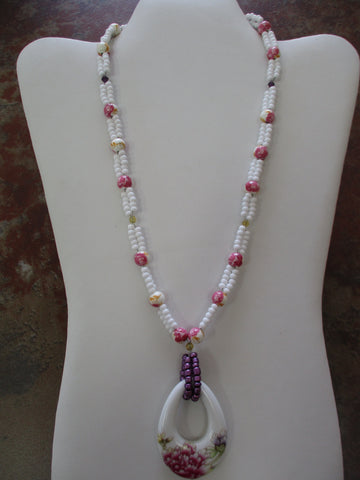 White Pink Purple Flower Glass Beads Flower Pendant Necklace (N781)