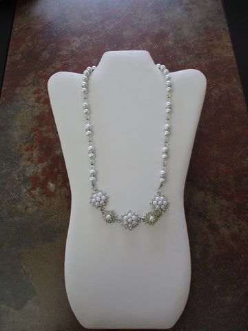White Pearls, Silver Beads, White Pearls, Silver, Faux Diamonds Bib Necklace (N950)