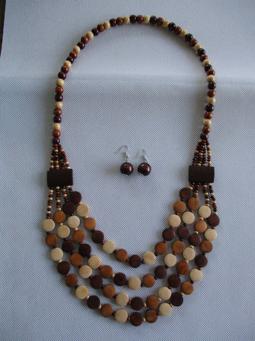 Brown Wooden Beads 4 Rows Necklace Earring Set (NE538)