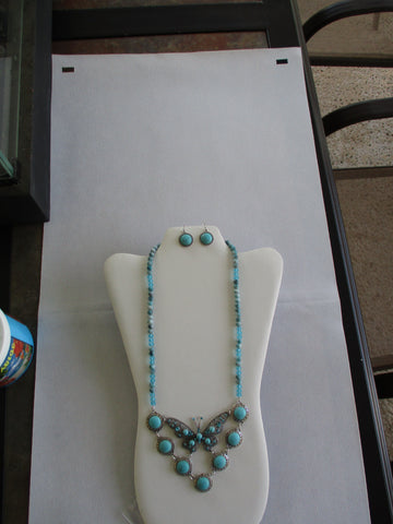 Blue Glass Beads Turquoise Butterfly Bib Necklace Earrings Set (NE539)