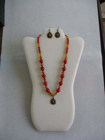 Orange Glass Beads Bronze Beads Tear Drop Pendant Necklace Earrings Set (NE540)