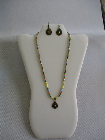 Bronze Multi Color Glass Beads Tear Drop Pendant Necklace Earring Set (NE542)