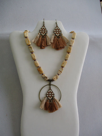 Bronze BrownGlass Beads Bronze Metal Circles Tassel Pendant Necklace Earring Set (NE543)
